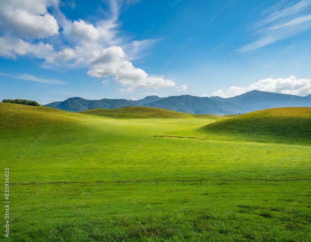 A vast, rolling green meadow under a clear blue sky with fluffy white clouds. AI generated