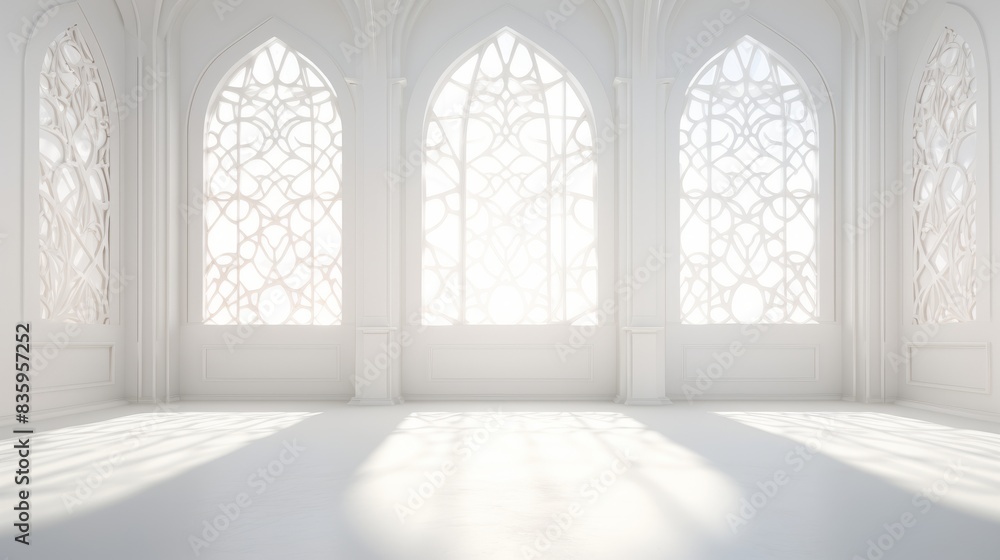 A spacious, well-lit room with a large window and ornate floral carving on the wall. A spacious, well-lit room with a large window and ornate floral carving on the wall.