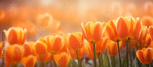 Blooming orange tulips flowers field. Creative banner. Copyspace image
