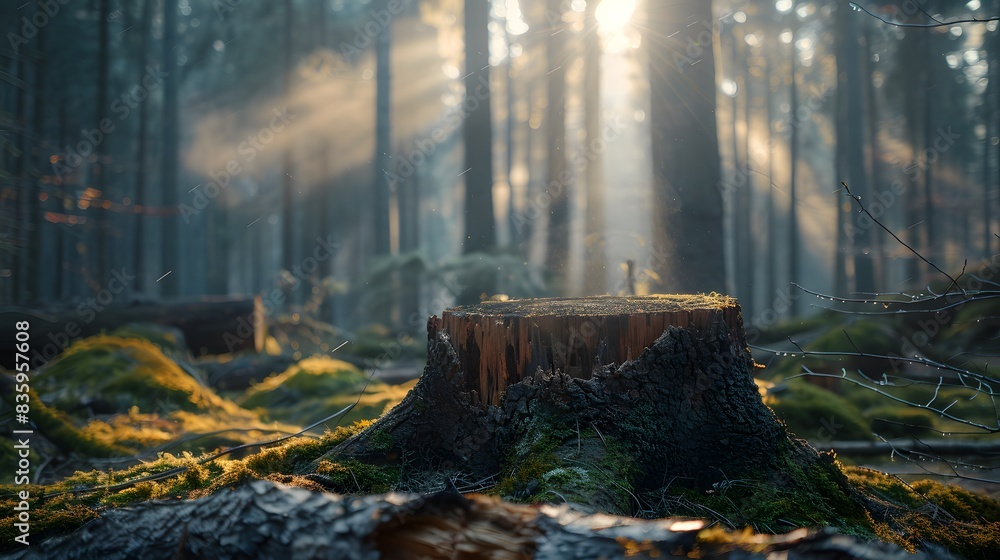 A tree stump surrounded by fallen trees and moss, with rays of sunlight piercing through the misty forest in the background. A tree stump surrounded by fallen trees and moss, with rays of sunlight piercing through the misty forest in the background.