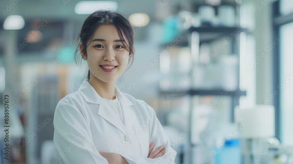 Young Female Doctor Smiling in Modern Laboratory Setting, Medical Professional, Healthcare Worker, Scientific Research Environment Young Female Doctor Smiling in Modern Laboratory Setting, Medical Professional, Healthcare Worker, Scientific Research Environment