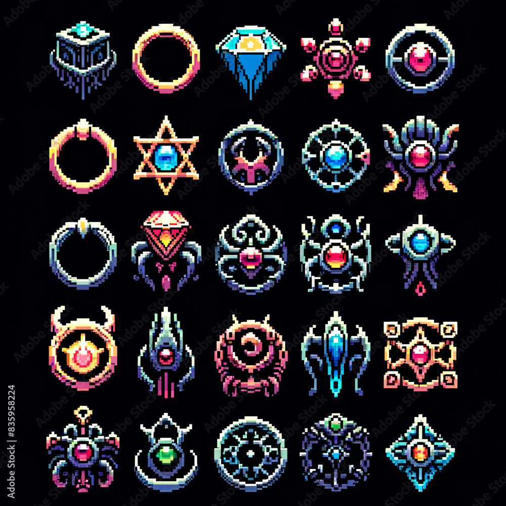 A sprite sheet for an RPG featuring various cursed rings A sprite sheet for an RPG featuring various cursed rings