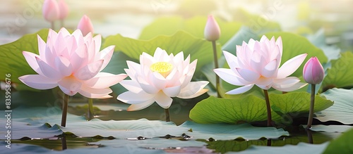 The white lotus flower and pink lotus flower are meaning purity and devotion. Creative banner. Copyspace image