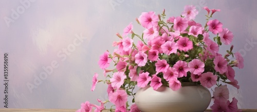 Fototapeta Naklejka Na Ścianę i Meble -  pink petunia flowers in a large vase. Creative banner. Copyspace image