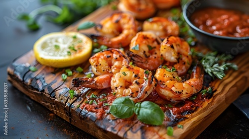 A wooden board with juicy, perfectly grilled shrimps on it. The shrimp have been plating elegantly and garnished with fresh herbs like basil leaves to add color and flavor.