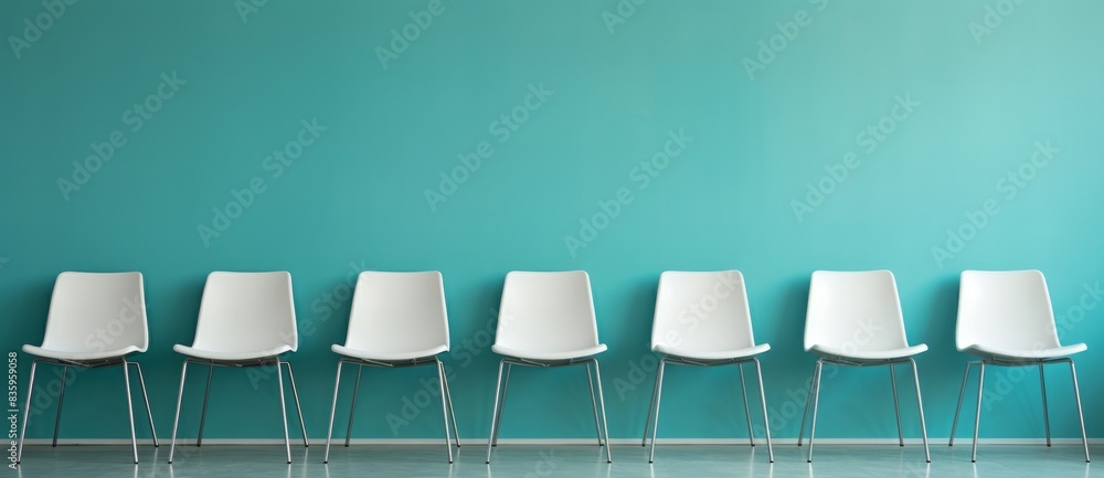 Fototapeta premium A row of modern chairs against a blue wall.