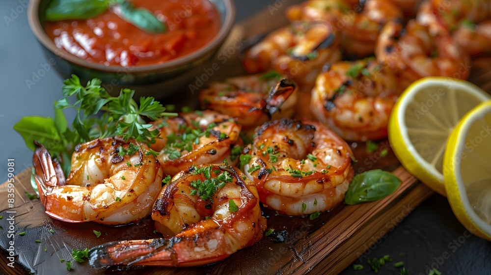 A wooden board with juicy, perfectly grilled shrimps on it. The shrimp have been plating elegantly and garnished with fresh herbs like basil leaves to add color and flavor. A wooden board with juicy, perfectly grilled shrimps on it. The shrimp have been plating elegantly and garnished with fresh herbs like basil leaves to add color and flavor.
