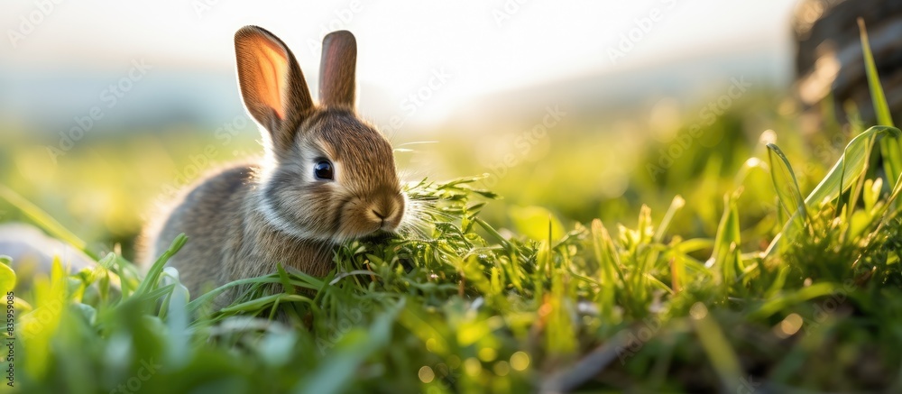 Fototapeta premium Rabbit eating grass focused shots of it. Creative banner. Copyspace image