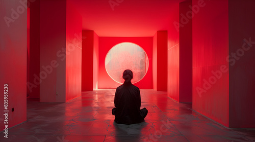man meditating in a red room