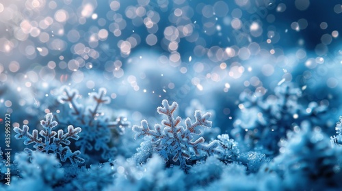 White snowflakes on a plain white or blue background, highlighting their unique symmetrical pattern © arzaq
