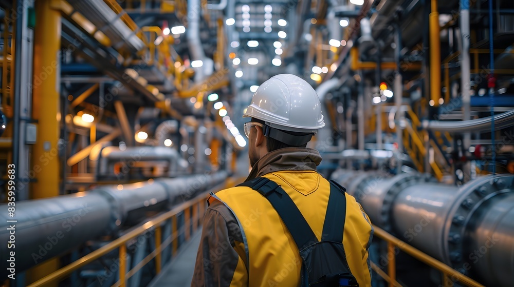 A worker wearing safety gear stands in the foreground, looking over his shoulder at an industrial factory with visible machinery and equipment. A worker wearing safety gear stands in the foreground, looking over his shoulder at an industrial factory with visible machinery and equipment.