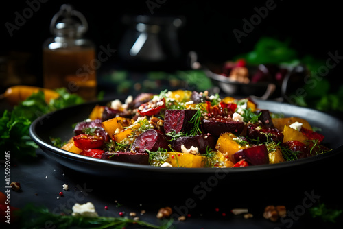 roasted beet salad, colorful and earthy salad with roasted beets. generative ai © Niko