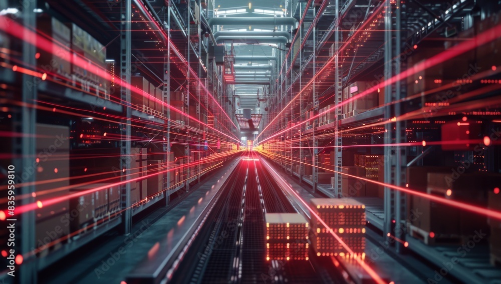 A high-tech warehouse with glowing digital data streams, an advanced conveyor belt moving boxes of goods in the background, symbolizing technology in logistics. A high-tech warehouse with glowing digital data streams, an advanced conveyor belt moving boxes of goods in the background, symbolizing technology in logistics.