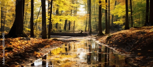 Forest track The path was laid in the autumn forest Puddles were covered with yellow leaves Happy autumn sun The last days of summer Forest bike path. Creative banner. Copyspace image