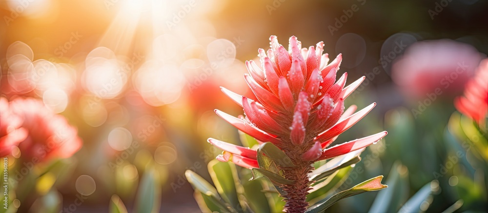 Naklejka premium Blossoming Aloe Ferox succulent flower in the summer light. Creative banner. Copyspace image