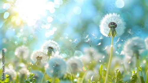 Beautiful dandelion with flying seeds on a green spring meadow  a macro photo of a natural landscape with copy space area.