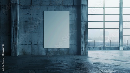 A mockup of a large white canvas hanging on a concrete wall in a dark room. photo