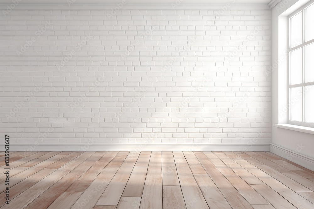 Empty room with white brick wall and wooden floor. Empty room with white brick wall and wooden floor.