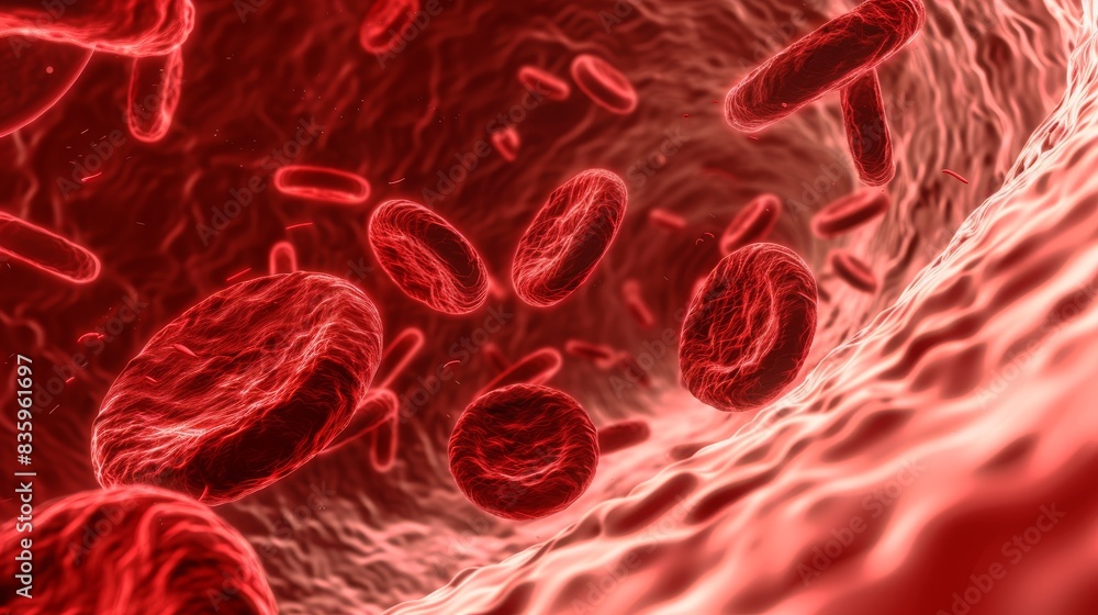 Fototapeta premium a close-up of red blood cells traveling through a blood vessel.