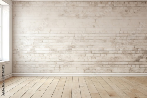 Empty room with white brick wall and wooden floor.