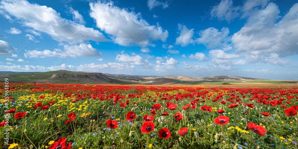 Vibrant rug of crimson poppies and golden sunflowers. Southern frontier of the country. Ideal conditions for an outdoor meal. Peaceful spring day. Vibrant rug of crimson poppies and golden sunflowers. Southern frontier of the country. Ideal conditions for an outdoor meal. Peaceful spring day.
