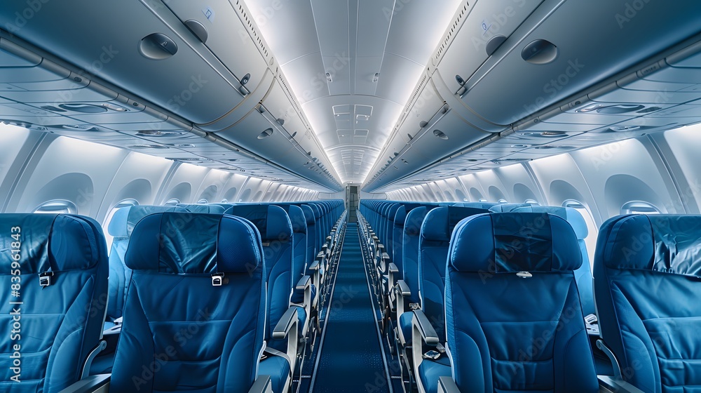 Blue seats in an airplane with white walls and ceiling, panoramic view of the interior cabin with rows of blue chairs on both sides of the aisle. Blue seats in an airplane with white walls and ceiling, panoramic view of the interior cabin with rows of blue chairs on both sides of the aisle.