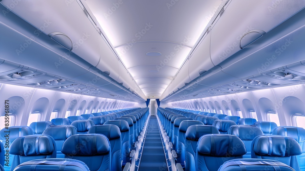 Blue seats in an airplane with white walls and ceiling, panoramic view of the interior cabin with rows of blue chairs on both sides of the aisle. Blue seats in an airplane with white walls and ceiling, panoramic view of the interior cabin with rows of blue chairs on both sides of the aisle.