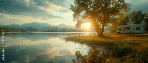 Fototapeta Naklejka Na Ścianę i Meble -  A beautiful lake with grassy banks and trees, an RV parked on the shore of the lake, mountains in the background, a golden sunset
