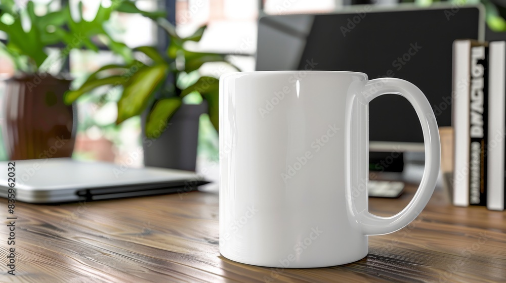 Obraz premium A mockup of a coffee mug on a desk, featuring a blank space for showcasing custom logo or branding designs.