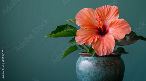 A pink hibiscus flower displayed in a ceramic vase on a table