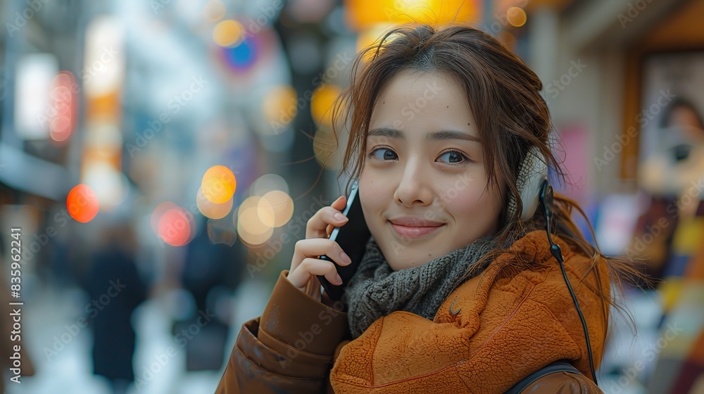 smiling young asian woman using on the phone in the street.illustration smiling young asian woman using on the phone in the street.illustration