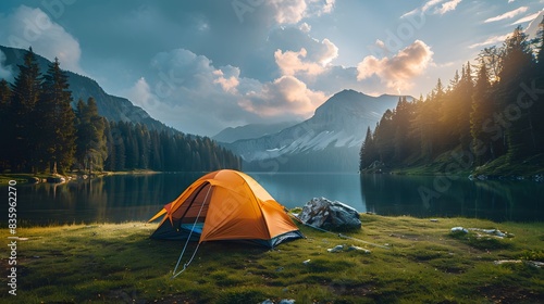 Camping tent in the grassland  with a lake and forest background  sunlight shining on it  a beautiful scenery  distant mountains  sky.