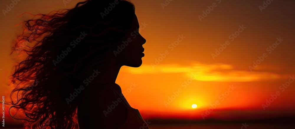 young woman silhouette at sunset. Creative banner. Copyspace image young woman silhouette at sunset. Creative banner. Copyspace image