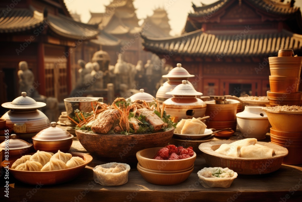 Dim sum assortment set against the backdrop of a historic Chinese village. Dim sum assortment set against the backdrop of a historic Chinese village.