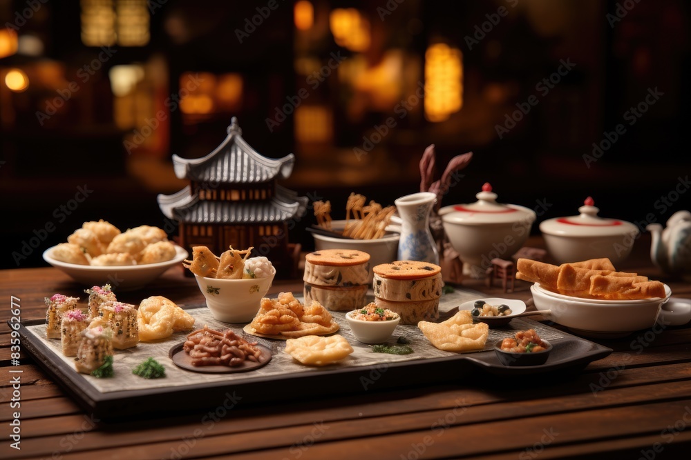 Dim sum assortment set against the backdrop of a historic Chinese village. Dim sum assortment set against the backdrop of a historic Chinese village.