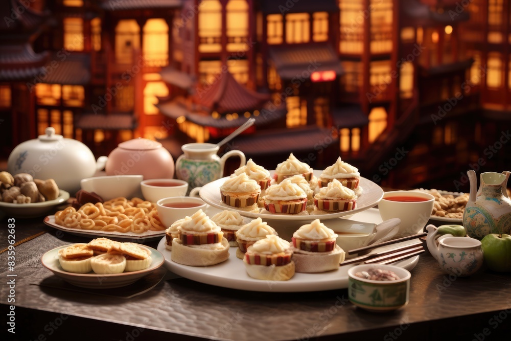 Dim sum assortment set against the backdrop of a historic Chinese village. Dim sum assortment set against the backdrop of a historic Chinese village.