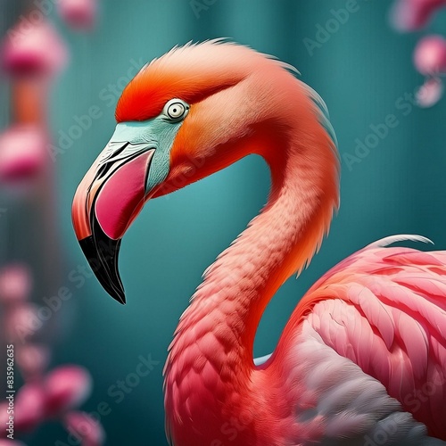 Close-up of a pink flamingo Vibrant pink flamingo with blue details Digital illustration of a flamingo