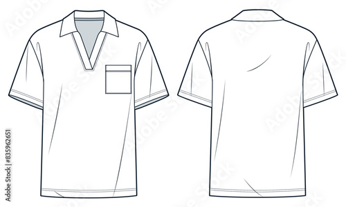  Polo Shirt technical fashion illustration. T-Shirt fashion flat technical drawing template, short sleeve, polo collar, v neck, relaxed fit, front and back view, white, women, men, unisex CAD mockup.