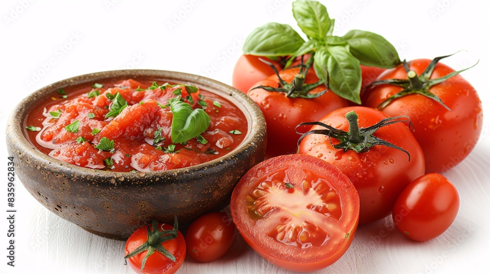Handmade tomato salsa in dish on blank backdrop. Handmade tomato salsa in dish on blank backdrop.