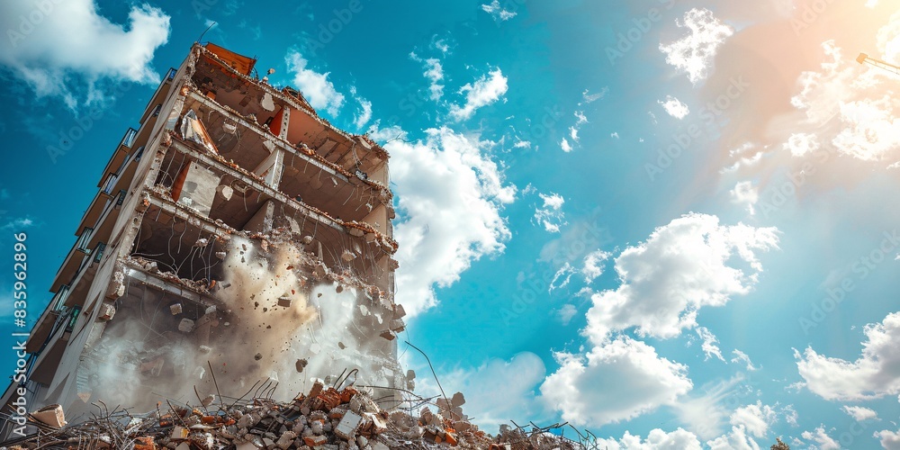 Demolition of a tall structure with collapsed levels under a clear blue ...