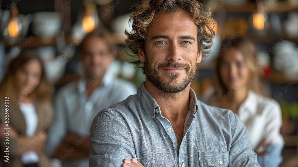 Fototapeta premium handsome young business man standing confident in the office in front of his team.illustration