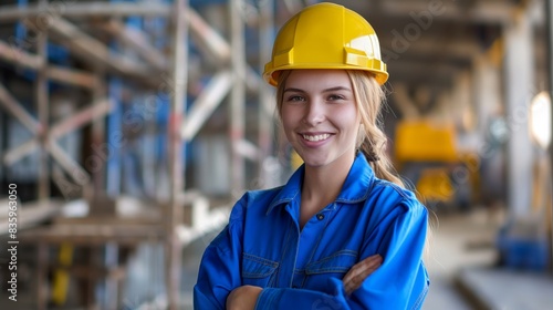 Confident Female Construction Worker in Hard Hat Smiling at Construction Site, Representation of Diversity, Safety, and Engineering © gn8