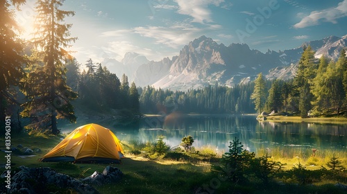 Camping tent in the grassland, with a lake and forest background, sunlight shining on it, a beautiful scenery, distant mountains, sky. photo