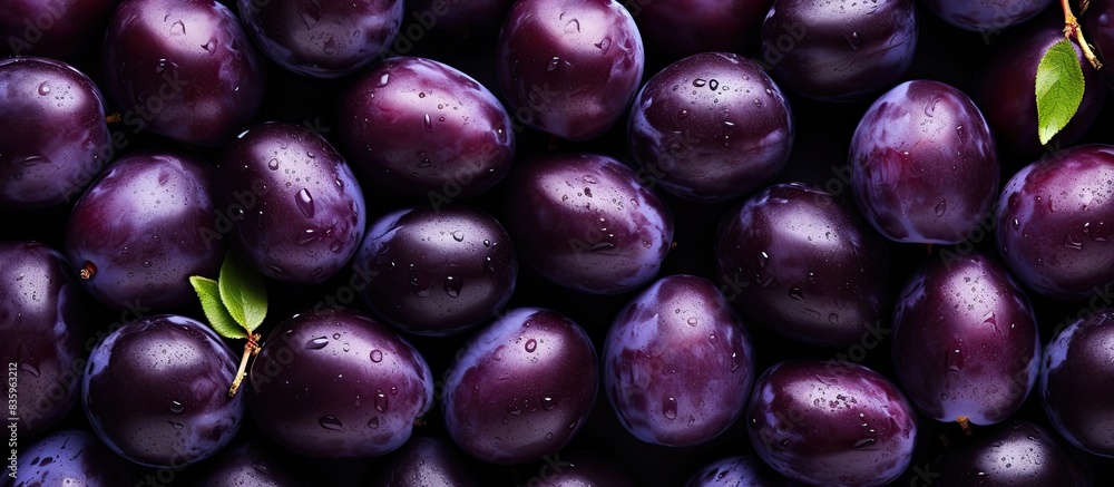 Food pattern set of purple plums top view. Creative banner. Copyspace image Food pattern set of purple plums top view. Creative banner. Copyspace image