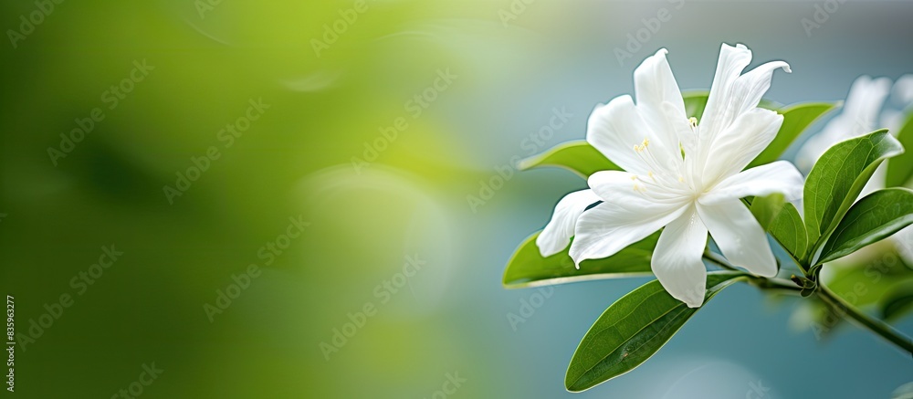 Selective focus close up White flower with green leaf on blurry background. Creative banner. Copyspace image Selective focus close up White flower with green leaf on blurry background. Creative banner. Copyspace image