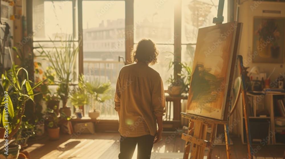 An art studio with warm sunlight streaming through the window, illuminating an artist standing in front of an easel with a canvas. An art studio with warm sunlight streaming through the window, illuminating an artist standing in front of an easel with a canvas.