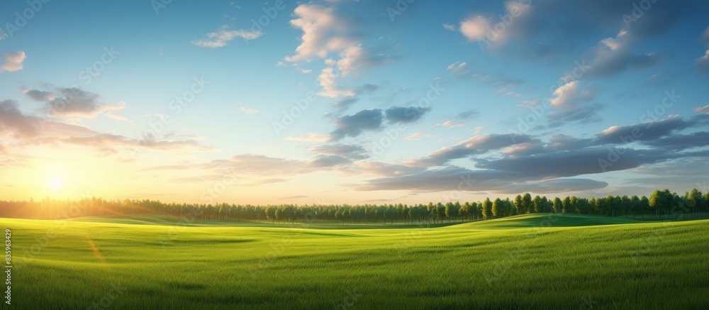 Field with green fresh grass Spring evening clear sky the sun leaned low to the horizon A wide field with low grass beyond the field a forest is visible There are almost no clouds in blue sky Field with green fresh grass Spring evening clear sky the sun leaned low to the horizon A wide field with low grass beyond the field a forest is visible There are almost no clouds in blue sky