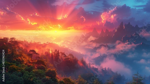 Vibrant sunset over misty mountain landscape with colorful sky