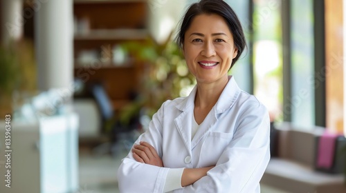 East Asian Female Doctor in White Coat Smiling  Professional in Modern Medical Office  Healthcare Concept