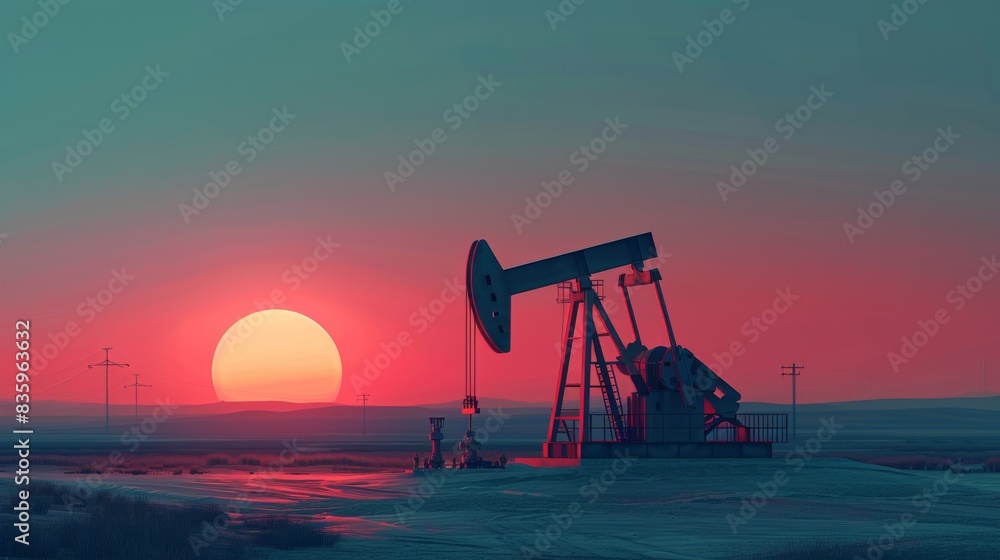Oil pumpjack silhouetted against a vibrant sunset, highlighting the contrast between industrial machinery and natural beauty in a vast landscape. Oil pumpjack silhouetted against a vibrant sunset, highlighting the contrast between industrial machinery and natural beauty in a vast landscape.